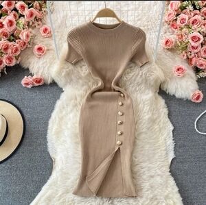 Taupe Ribbed Knit Bodycon Dress w/ Decorative Buttons & Slit Detail - One Size